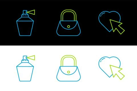 Set line Heart and cursor click, Perfume and Handbag icon. Vector Illustration