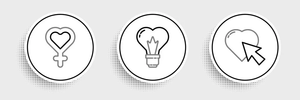 Set line Heart and cursor click, Female gender symbol and shape in light bulb Stock Illustration
