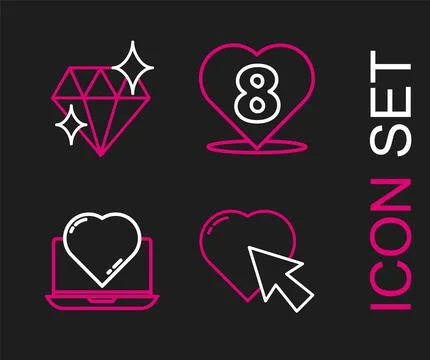 Set line Heart and cursor click, Online dating app chat, with 8 March and D.. Stock Illustration
