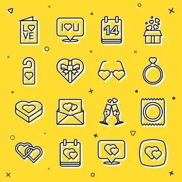 Set line Heart, Condom in package, Wedding rings, Calendar with February 14.. Stock-Illustration