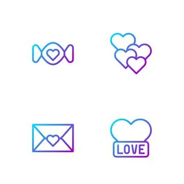 Set line Heart, Envelope with Valentine heart, Candy and . Gradient color icons Ilustração Stock