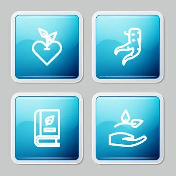 Set line Heart, Ginger root, Medical book and Leaf hand icon. Vector Stock Illustration