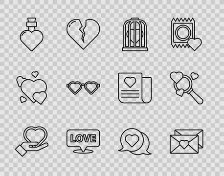 Set line Heart on hand, Envelope with Valentine heart, the bird cage, Speech Stock Illustration