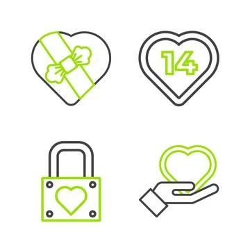 Set line Heart on hand, Lock heart, and Candy in shaped box icon. Vector Ilustración de archivo