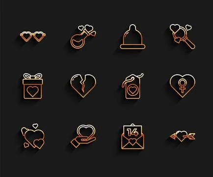 Set line Heart, on hand, shaped love glasses, Envelope with Valentine heart.. Stock Illustration