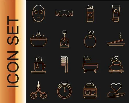 Set line Heart on hand, Stack hot stones, Scented spa stick, Cream or lotion 스톡 일러스트