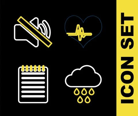 Set line Heart rate, Cloud with rain, Notebook and Speaker mute icon. Vector Illustrazione stock