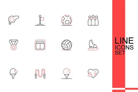 Set line Heart rate, Golf ball on tee, Jump rope, Racket, Skates, Volleybal.. Stock Illustration