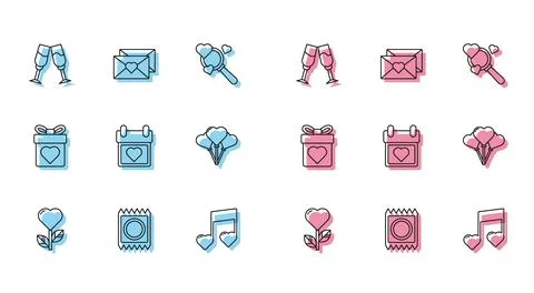 Set line Heart shape in a flower, Condom package, Glass of champagne, Music.. Stock-Illustration
