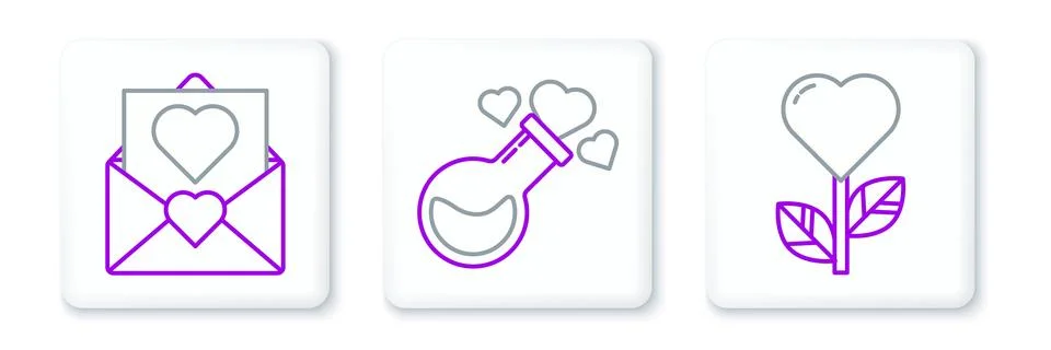 Set line Heart shape in a flower, Envelope with Valentine heart and Bottle .. Stock Illustration