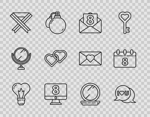 Set line Heart shape in a light bulb, Speech bubble with I love you, Envelope 8 Illustrazione stock