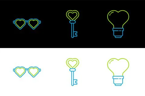 Set line Heart shape in a light bulb, shaped love glasses and Key heart icon. Stock Illustration