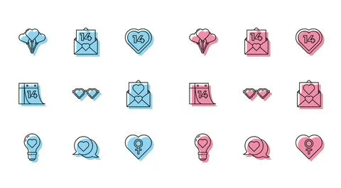 Set line Heart shape in a light bulb, speech bubble, Balloons form of heart Stock Illustration