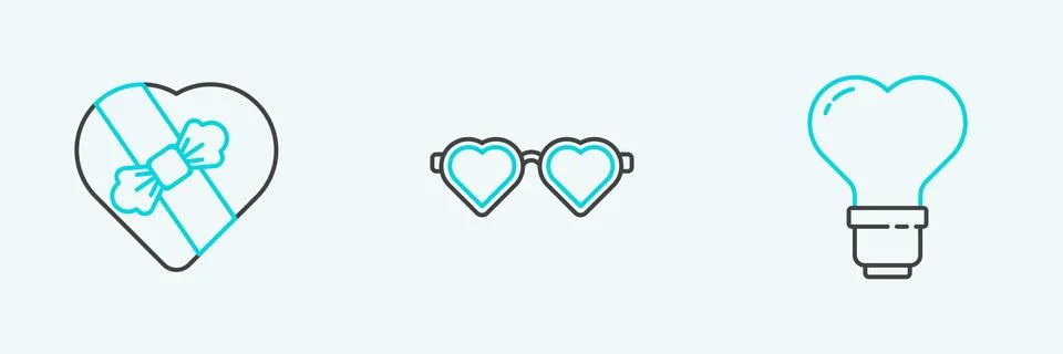 Set line Heart shape in a light bulb, Candy heart shaped box and love glasses Stock Illustration