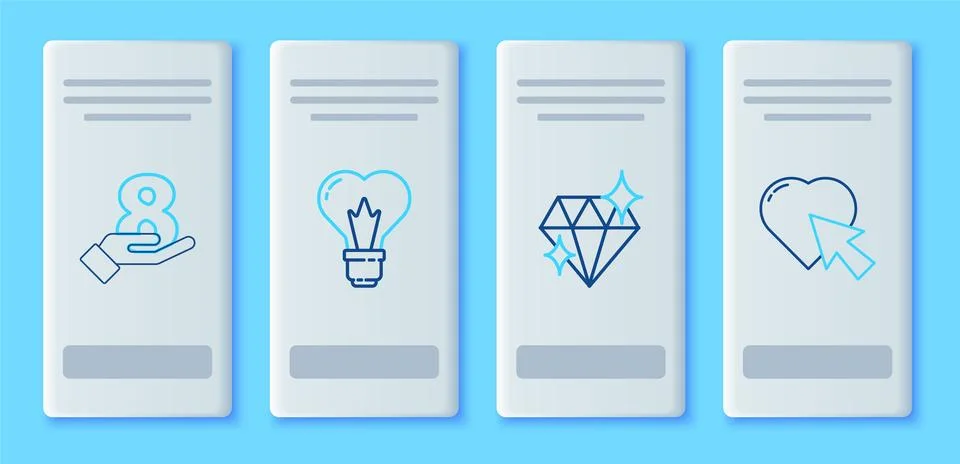 Set line Heart shape in a light bulb, Diamond, 8 March hand and cursor click Stock Illustration