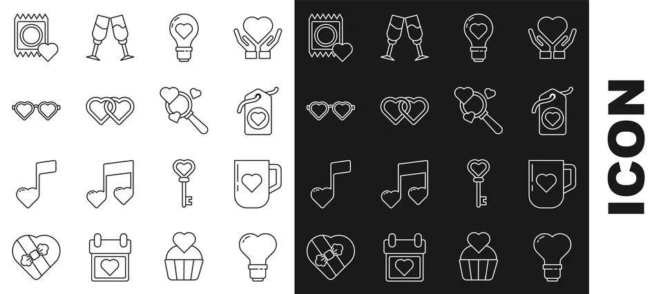 Set line Heart shape in a light bulb, Coffee cup and heart, tag, Two Linked.. Stock-Illustration