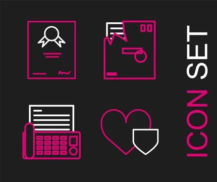 Set line Heart with shield, Fax machine, Ordered envelope and Certificate t.. Stock Illustration