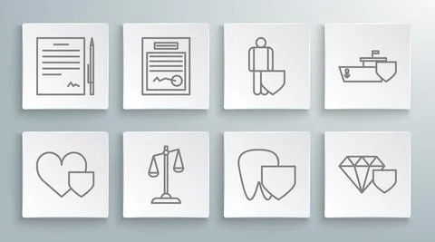 Set line Heart with shield, Filled form, Scales of justice, Tooth, Diamond, Life Stock Illustration