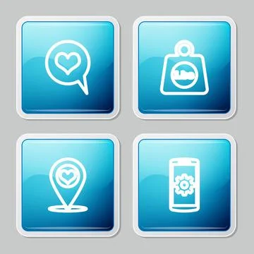 Set line Heart in speech bubble, Weight pounds, Map pointer with heart and Ilustração Stock