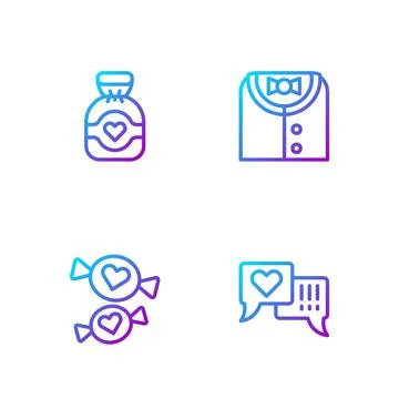Set line Heart in speech bubble, Candy, Chocolate candy and Suit. Gradient color Ilustração Stock