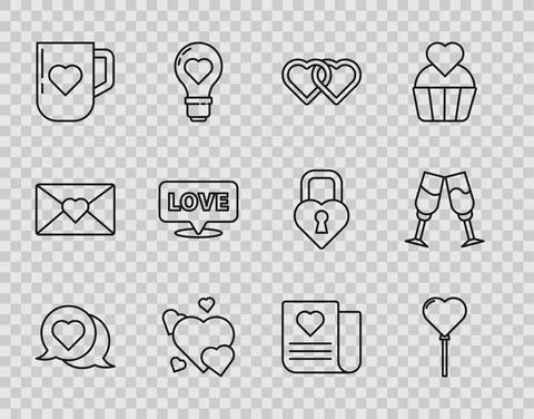 Set line Heart in speech bubble, Balloons form of heart, Two Linked Hearts Stock Illustration