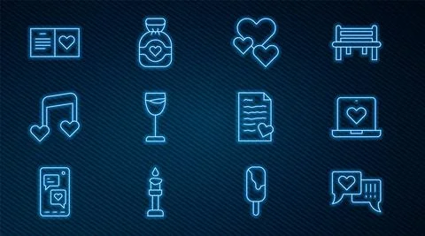 Set line Heart in speech bubble, Dating app online, Wine glass, Music note, tone Stock Illustration