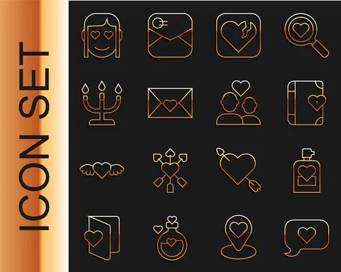 Set line Heart in speech bubble, Perfume, Love diary, Broken heart or divorce Ilustração Stock