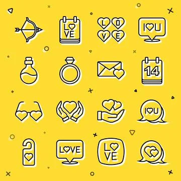 Set line Heart in speech bubble, Speech text I love you, Calendar with February Ilustração Stock