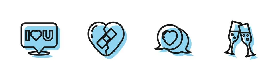 Set line Heart in speech bubble, Speech with I love you, Healed broken heart and Stock Illustration