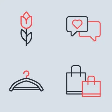 Set line Heart in speech bubble Hanger wardrobe Paper shopping bag and Flower Illustration