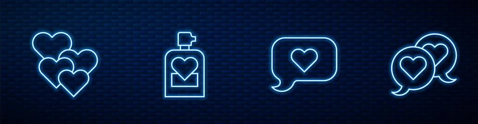 Set line Heart in speech bubble Perfume and . Glowing neon icon on brick wall Illustrazione stock
