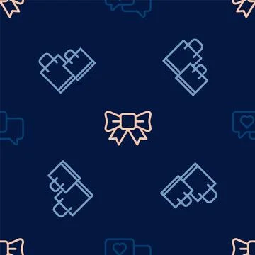 Set line Heart in speech bubble Paper shopping bag and Gift bow on seamless p 스톡 일러스트