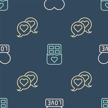 Set line Heart, in speech bubble and Chocolate bar on seamless pattern. Vecto Stock Illustration