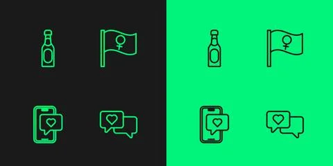 Set line Heart in speech bubble, Mobile with heart, Champagne bottle and Fe.. Stock Illustration