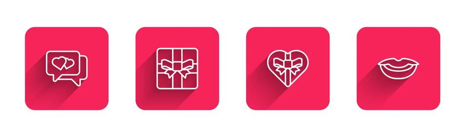 Set line Heart in speech bubble, Gift box, Candy heart shaped and Smiling l.. Stock Illustration