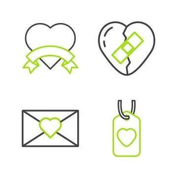 Set line Heart tag, Envelope with Valentine heart, Healed broken and icon Stock Illustration