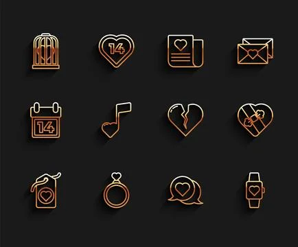 Set line Heart tag, Wedding rings, the bird cage, speech bubble, center wri.. Stock Illustration