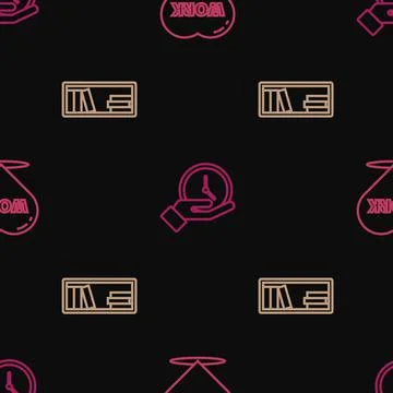 Set line Heart with text work, Shelf books and Clock on seamless pattern. Vector Illustrazione stock