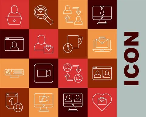 Set line Heart with text work, Video chat conference, Online working, Project Stock Illustration