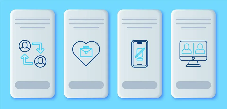 Set line Heart with text work, Mute microphone on mobile, Project team base a Illustrazione stock