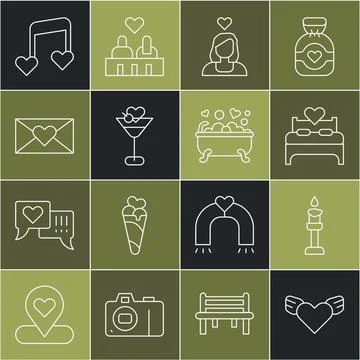 Set line Heart with wings, Burning candle, Bedroom, Couple love, Martini gl.. Ilustração Stock