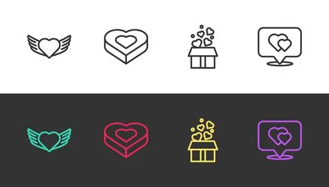 Set line Heart with wings, Candy heart shaped box, Gift hearts and Location.. Stock Illustration