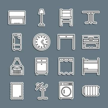 Set line Heating radiator, Bunk bed, Grand piano, Chair, Clock, Refrigerator Stock Illustration