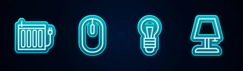 Set line Heating radiator, Computer mouse, Light bulb and Table lamp. Glowing 스톡 일러스트