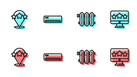 Set line Heating radiator, Five stars rating review, Air conditioner and icon Stock Illustration