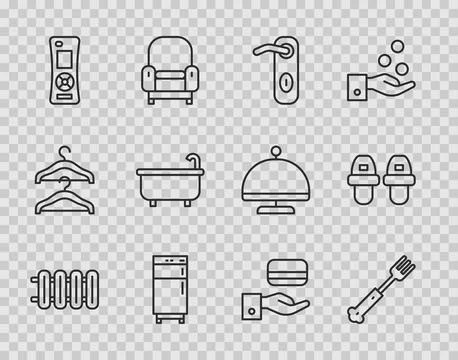 Set line Heating radiator, Fork, Door handle, Refrigerator, Remote control Illustration
