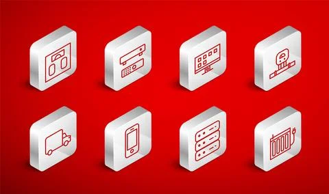 Set line Heating radiator, Multimedia and TV box, Smart Tv, sensor, Server, Data Stock Illustration