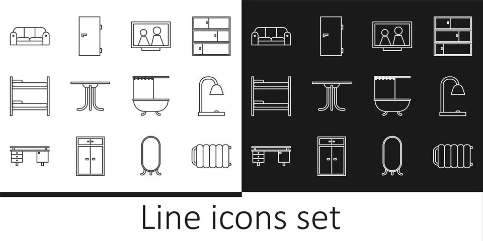 Set line Heating radiator, Table lamp, Picture frame on table, Round, Bunk .. Stock Illustration