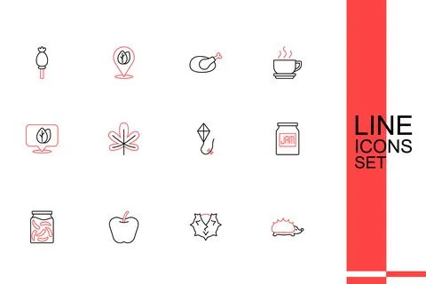 Set line Hedgehog, Chestnut, Apple, Pickled cucumbers in a jar, Jam, Kite, .. Stock Illustration