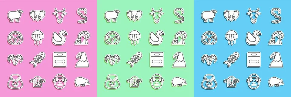 Set line Hedgehog, Eagle head, Macaw parrot, Cow, Jellyfish, Owl bird, Shee.. Stock Illustration